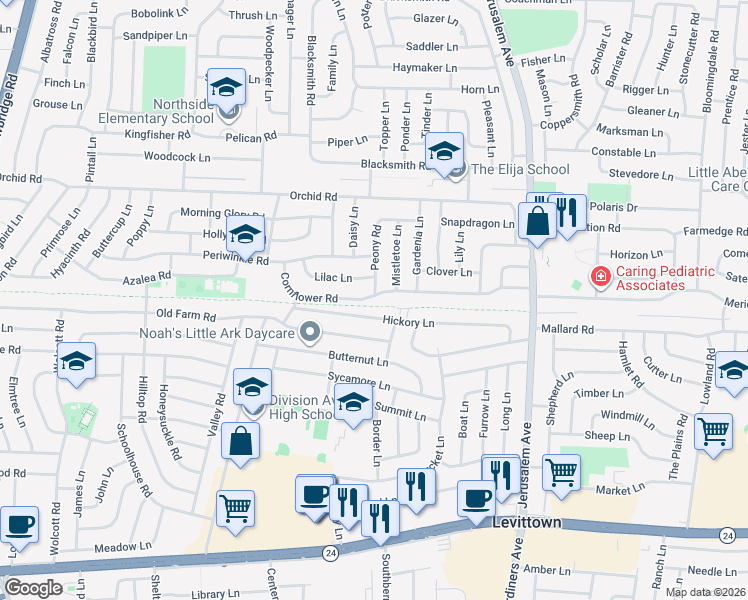 map of restaurants, bars, coffee shops, grocery stores, and more near 44 Hickory Lane in Levittown