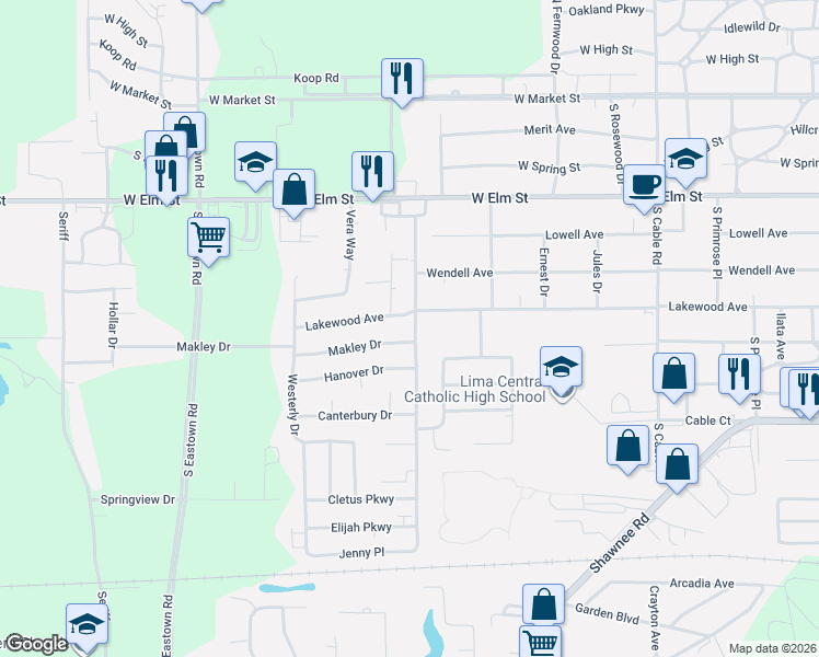 map of restaurants, bars, coffee shops, grocery stores, and more near 723 Gloria Avenue in Lima