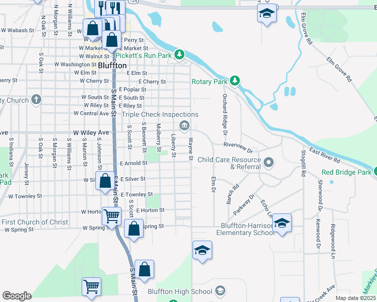 map of restaurants, bars, coffee shops, grocery stores, and more near 528 East Ohio Street in Bluffton