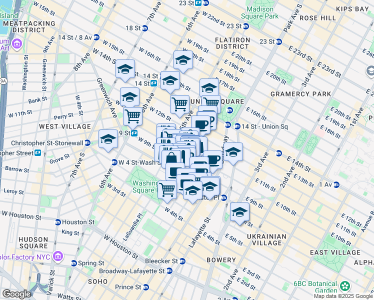map of restaurants, bars, coffee shops, grocery stores, and more near 13 East 9th Street in New York