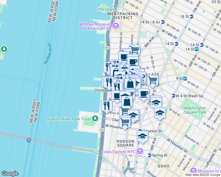 map of restaurants, bars, coffee shops, grocery stores, and more near 391 West Street in New York