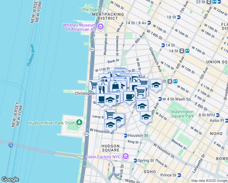 map of restaurants, bars, coffee shops, grocery stores, and more near 135 Christopher Street in New York