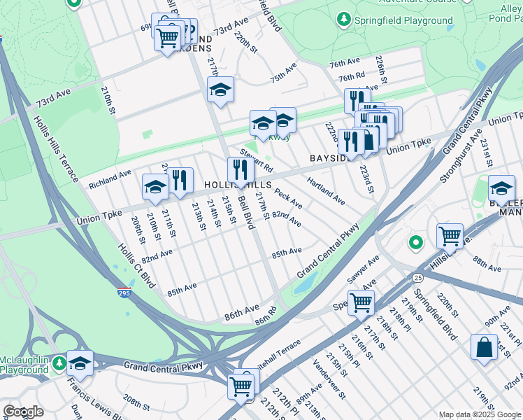 map of restaurants, bars, coffee shops, grocery stores, and more near 82-10 217th Street in Queens