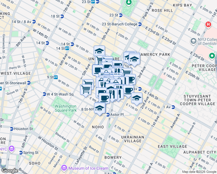 map of restaurants, bars, coffee shops, grocery stores, and more near East 12th Street in New York