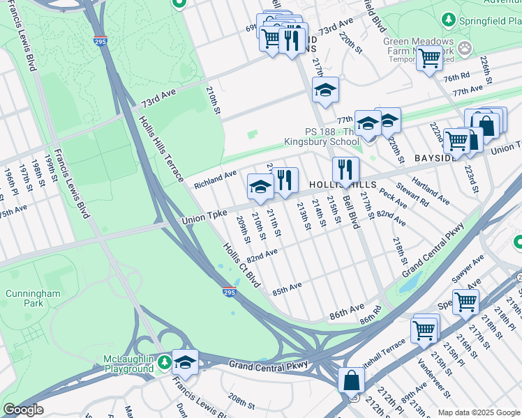 map of restaurants, bars, coffee shops, grocery stores, and more near 210-10 Union Turnpike in Queens