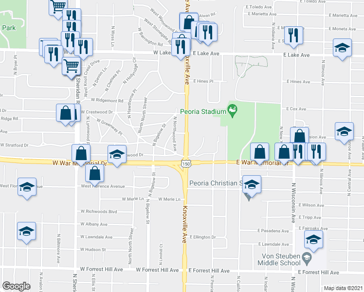 map of restaurants, bars, coffee shops, grocery stores, and more near 3803 Knoxville Avenue in Peoria