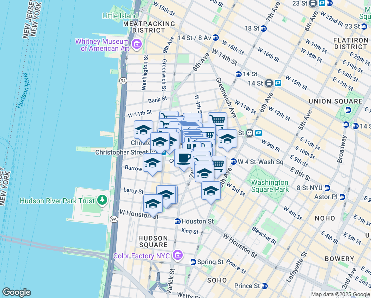 map of restaurants, bars, coffee shops, grocery stores, and more near 98 Christopher Street in New York