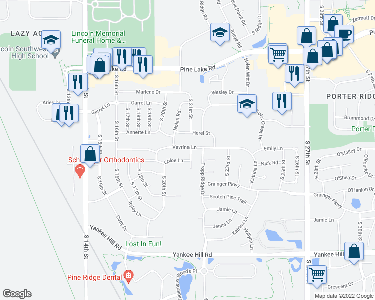 map of restaurants, bars, coffee shops, grocery stores, and more near 7701 South 21st Street in Lincoln