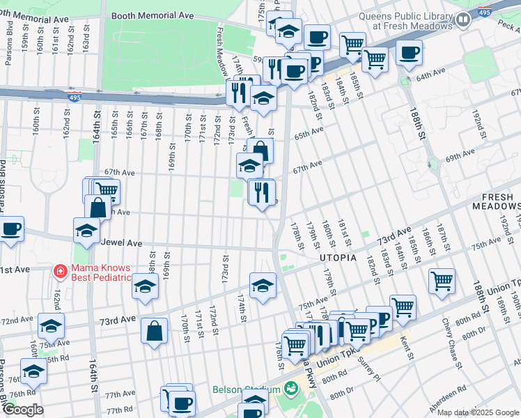 map of restaurants, bars, coffee shops, grocery stores, and more near 69-05 174th Street in Queens