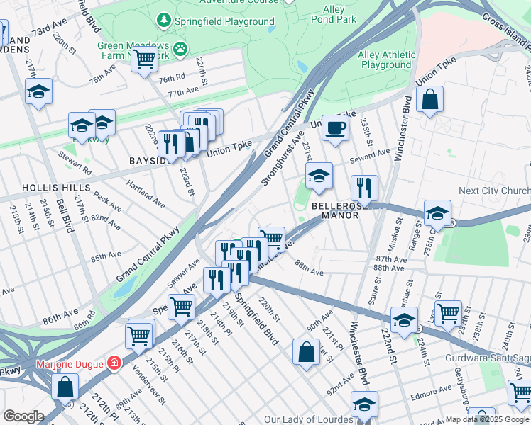 map of restaurants, bars, coffee shops, grocery stores, and more near 221-36 Manor Road in Queens