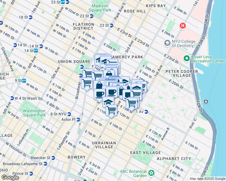 map of restaurants, bars, coffee shops, grocery stores, and more near 230 East 14th Street in New York