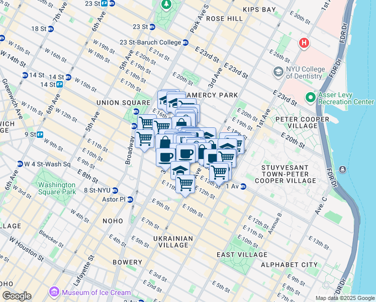 map of restaurants, bars, coffee shops, grocery stores, and more near 230 East 14th Street in New York