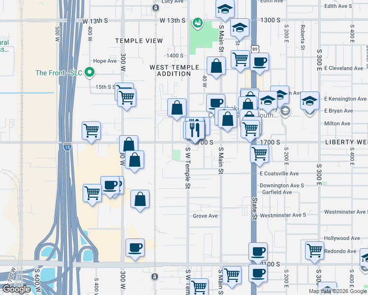 map of restaurants, bars, coffee shops, grocery stores, and more near 13 Southwest Temple in Salt Lake City
