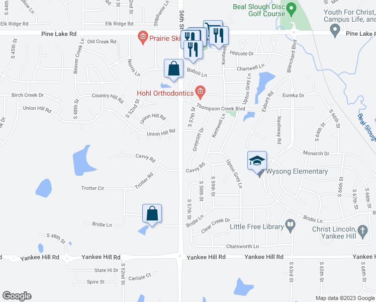 map of restaurants, bars, coffee shops, grocery stores, and more near 7701 Greycliff Drive in Lincoln
