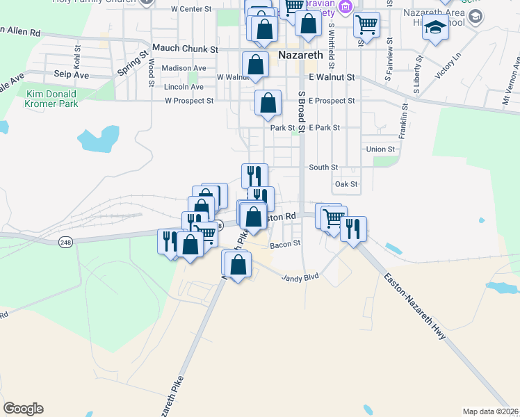 map of restaurants, bars, coffee shops, grocery stores, and more near 566 South Main Street in Nazareth