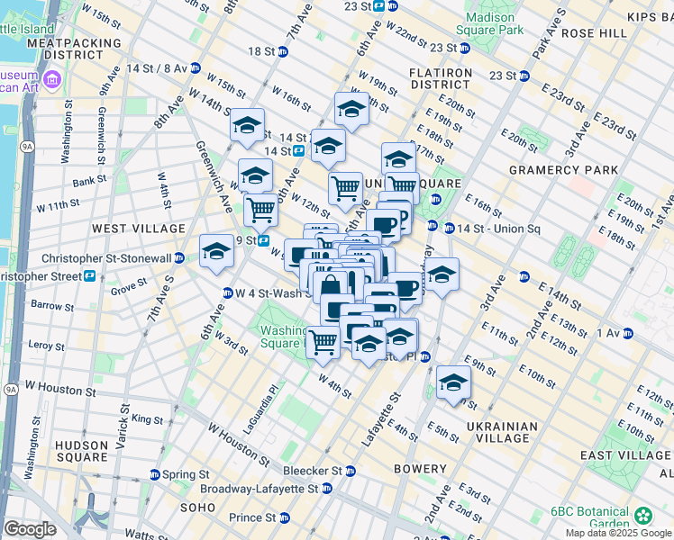 map of restaurants, bars, coffee shops, grocery stores, and more near 13 East 9th Street in New York