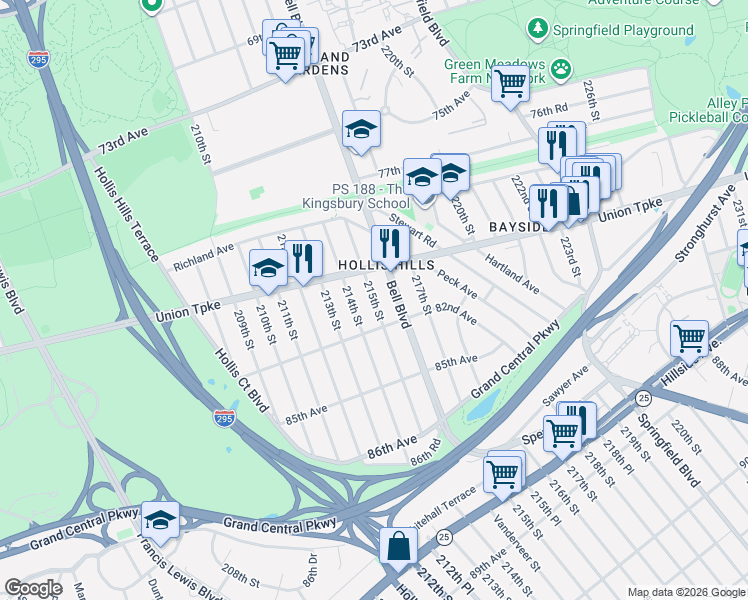 map of restaurants, bars, coffee shops, grocery stores, and more near 80-57 215th Street in Queens