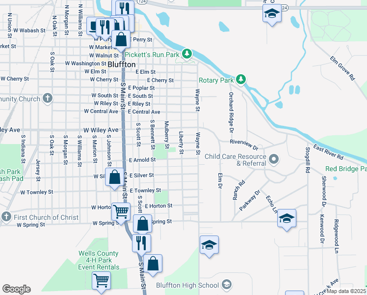 map of restaurants, bars, coffee shops, grocery stores, and more near 519 East Arnold Street in Bluffton