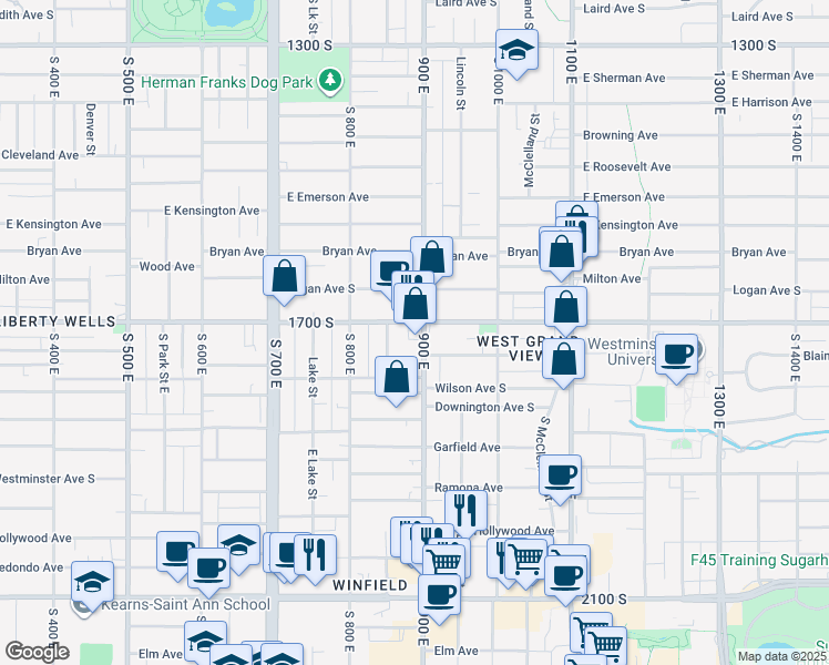 map of restaurants, bars, coffee shops, grocery stores, and more near 1740 900 East in Salt Lake City