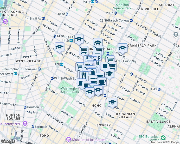 map of restaurants, bars, coffee shops, grocery stores, and more near 21 East 10th Street in New York