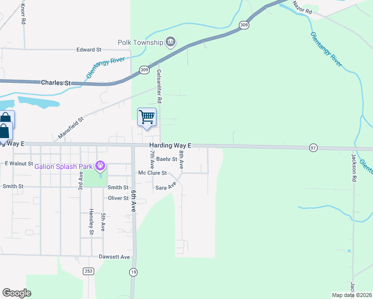 map of restaurants, bars, coffee shops, grocery stores, and more near 1516 Trachsel Place in Galion