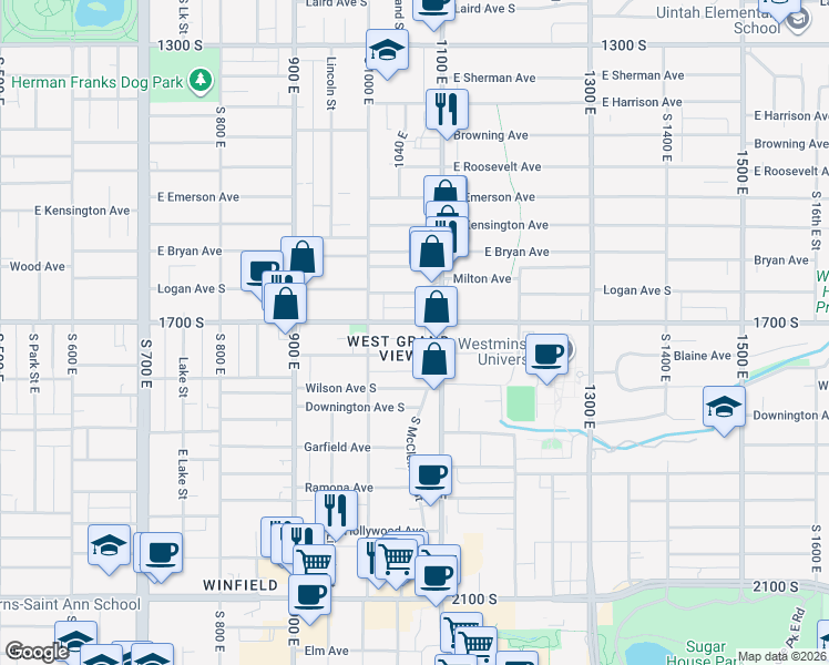 map of restaurants, bars, coffee shops, grocery stores, and more near 1042 Blaine Avenue in Salt Lake City