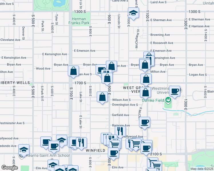 map of restaurants, bars, coffee shops, grocery stores, and more near 1740 900 East in Salt Lake City