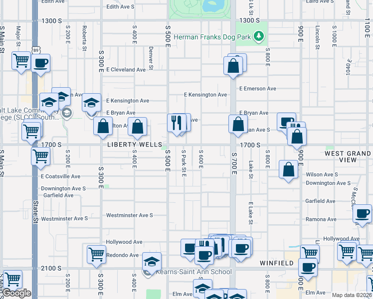 map of restaurants, bars, coffee shops, grocery stores, and more near 1745 Wright Court East in Salt Lake City