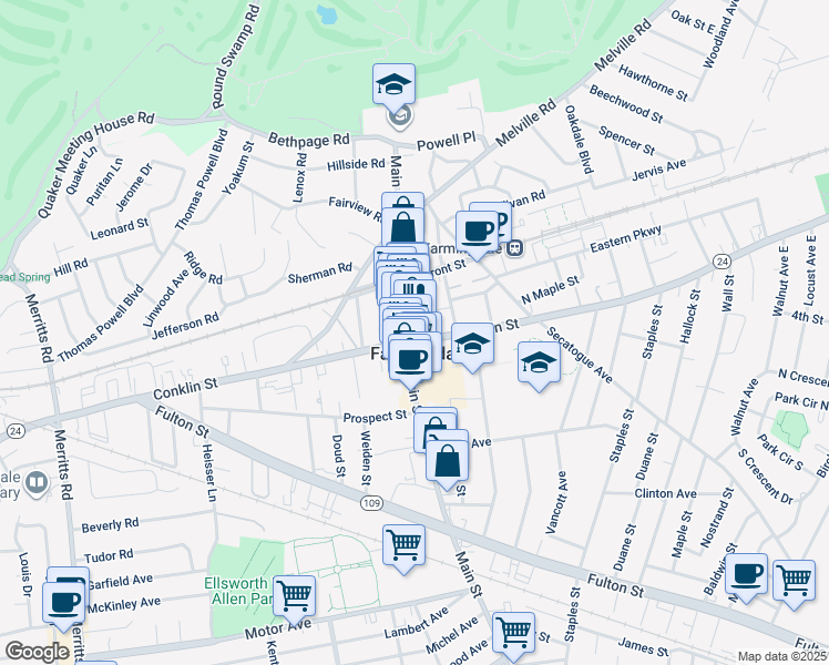 map of restaurants, bars, coffee shops, grocery stores, and more near in Farmingdale