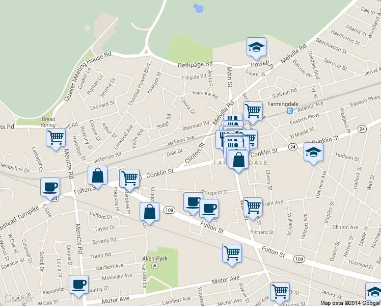 map of restaurants, bars, coffee shops, grocery stores, and more near 27 Dale Drive in Farmingdale
