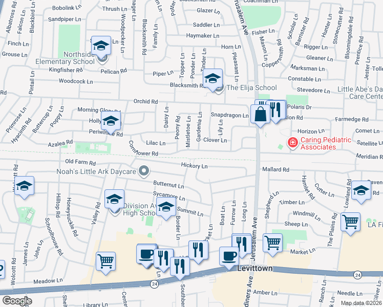 map of restaurants, bars, coffee shops, grocery stores, and more near 67 Hickory Lane in Levittown
