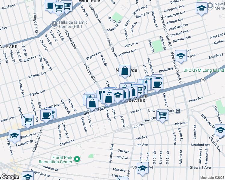 map of restaurants, bars, coffee shops, grocery stores, and more near 401 Brooklyn Avenue in New Hyde Park