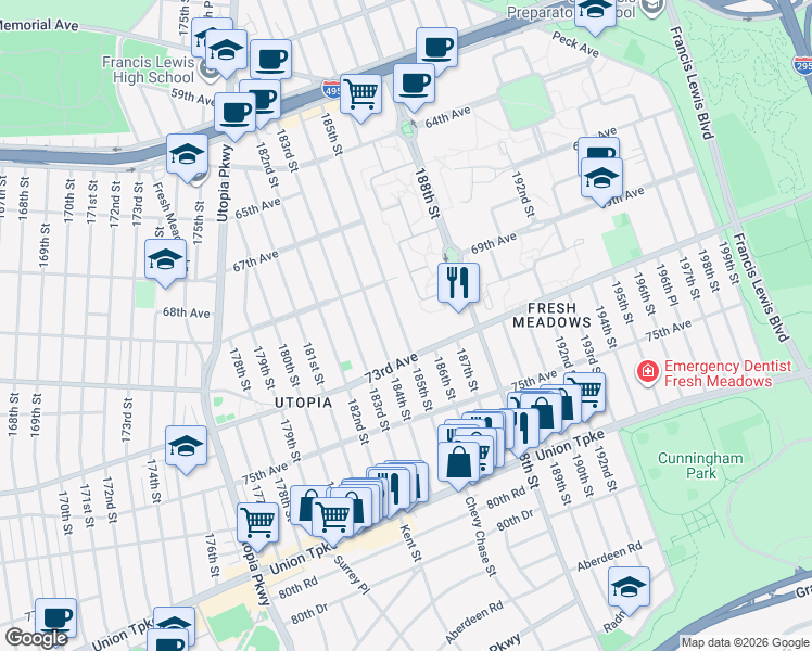 map of restaurants, bars, coffee shops, grocery stores, and more near 69-69 184th Street in Queens