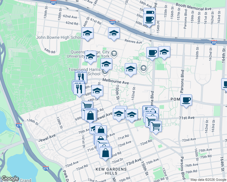 map of restaurants, bars, coffee shops, grocery stores, and more near 465 Driveway in Queens