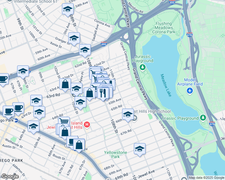 map of restaurants, bars, coffee shops, grocery stores, and more near 108-34 64th Road in Queens