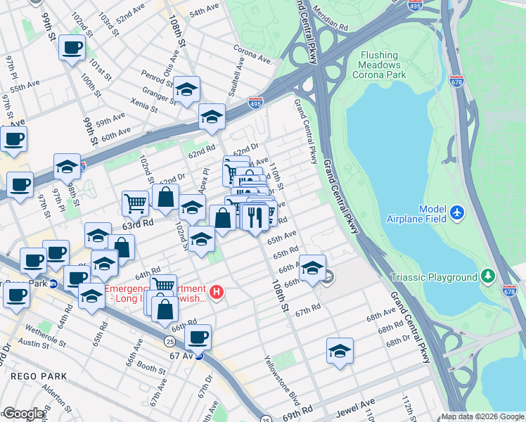 map of restaurants, bars, coffee shops, grocery stores, and more near in Queens
