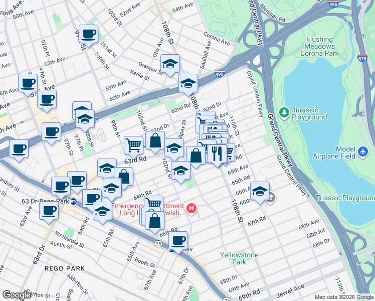 map of restaurants, bars, coffee shops, grocery stores, and more near 63-55 102nd Street in Queens