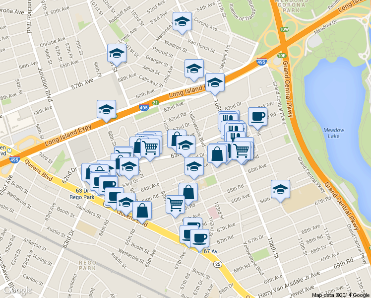 map of restaurants, bars, coffee shops, grocery stores, and more near 102-01 63rd Drive in Queens