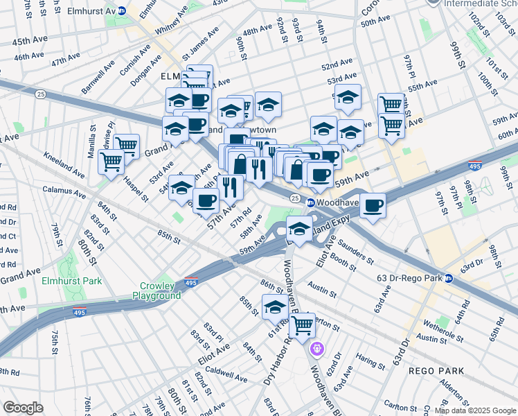 map of restaurants, bars, coffee shops, grocery stores, and more near 87-6 58th Avenue in Queens