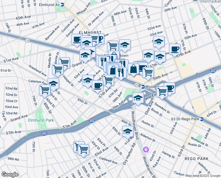 map of restaurants, bars, coffee shops, grocery stores, and more near 8629 57th Road in Queens