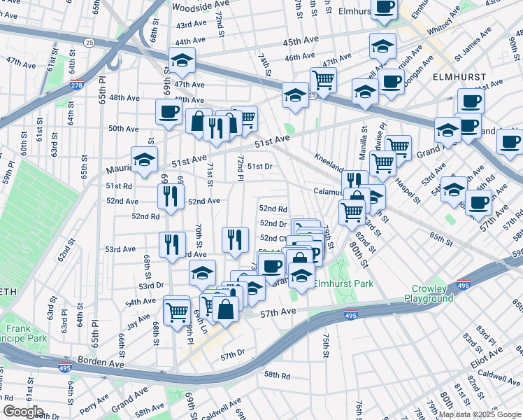 map of restaurants, bars, coffee shops, grocery stores, and more near 52-43 73rd Street in Queens