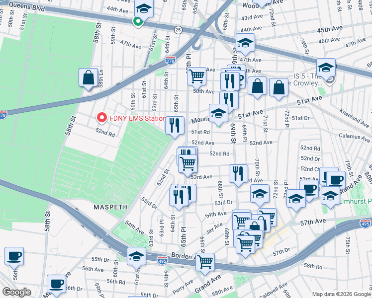 map of restaurants, bars, coffee shops, grocery stores, and more near 52-30 65th Place in Queens
