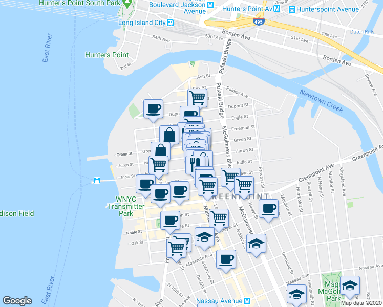 map of restaurants, bars, coffee shops, grocery stores, and more near 109 India Street in Brooklyn