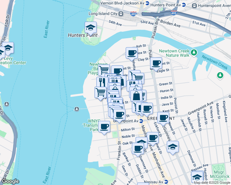 map of restaurants, bars, coffee shops, grocery stores, and more near 159 Franklin Street in Brooklyn