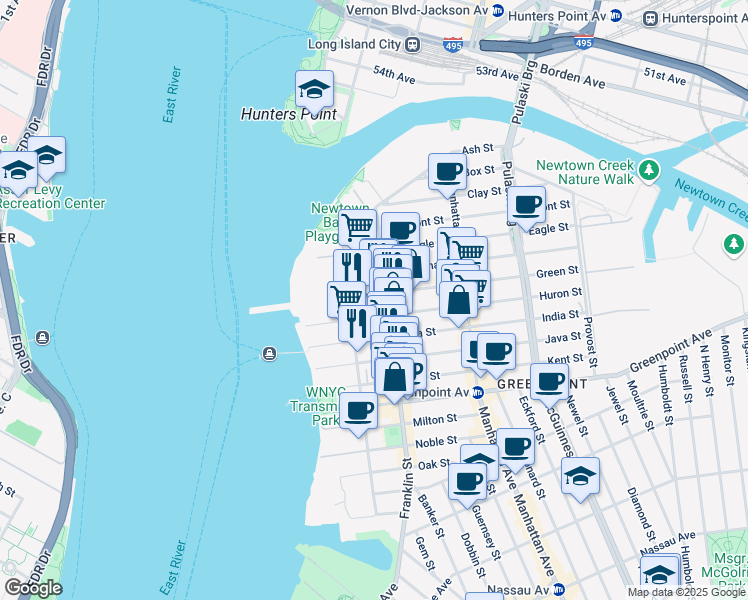 map of restaurants, bars, coffee shops, grocery stores, and more near 66 Huron Street in Brooklyn