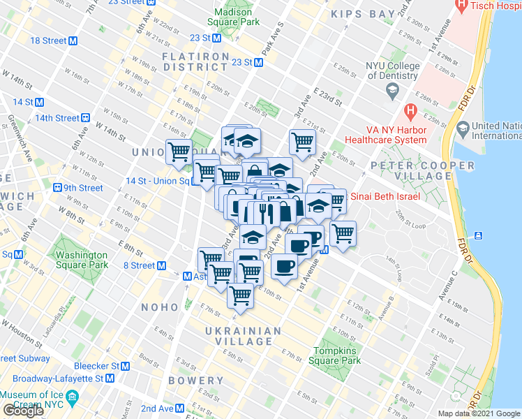 map of restaurants, bars, coffee shops, grocery stores, and more near 230 East 14th Street in New York