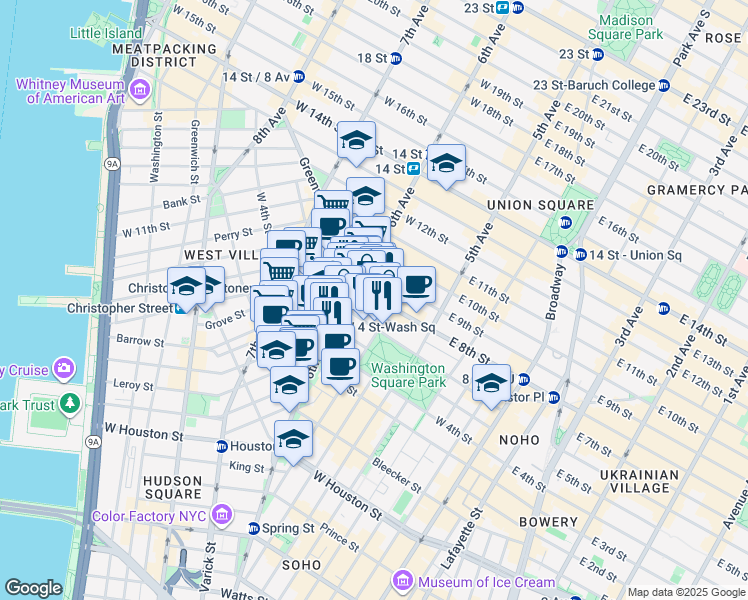 map of restaurants, bars, coffee shops, grocery stores, and more near 340 6th Avenue in New York