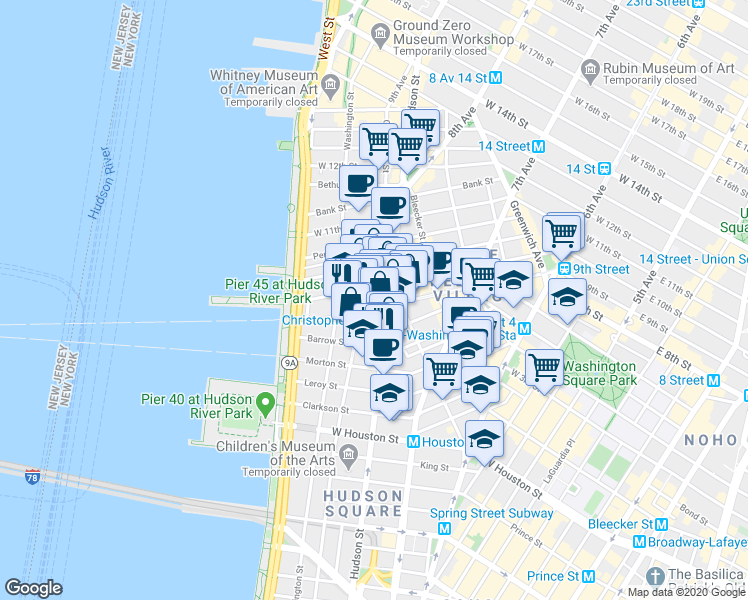 map of restaurants, bars, coffee shops, grocery stores, and more near 487 Hudson Street in New York