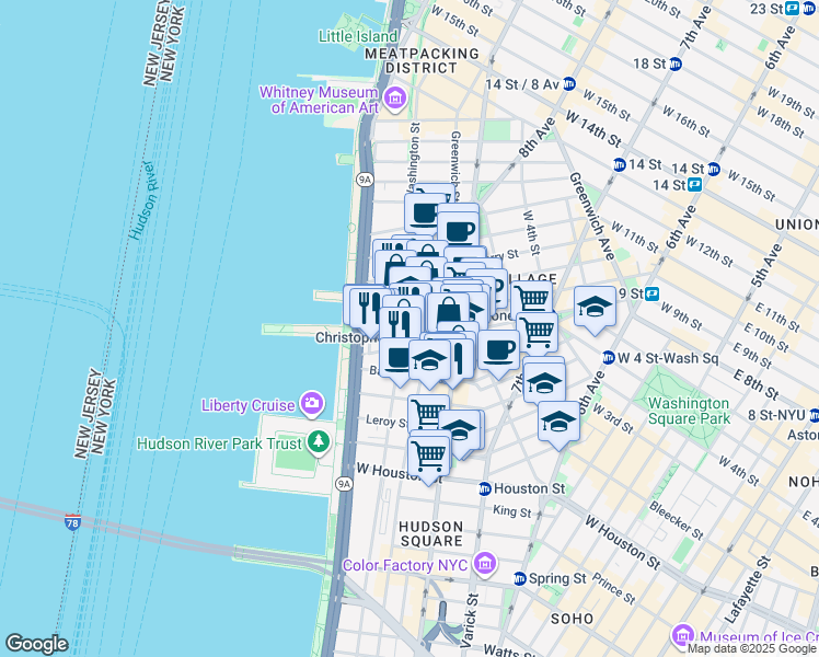 map of restaurants, bars, coffee shops, grocery stores, and more near 160 Christopher Street in New York