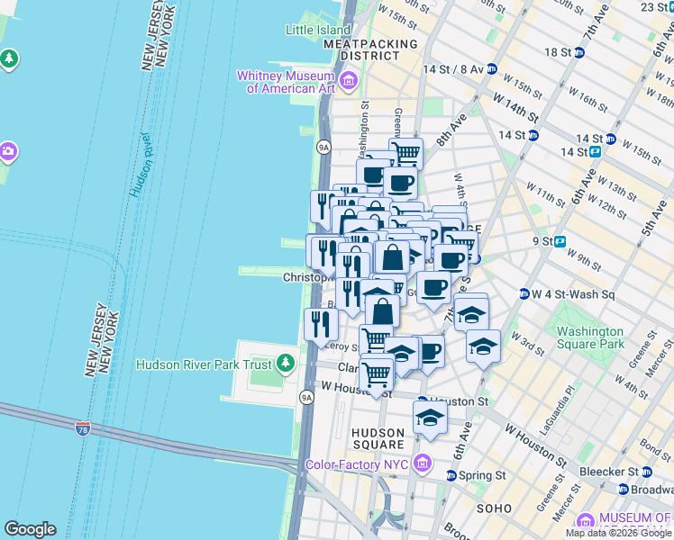 map of restaurants, bars, coffee shops, grocery stores, and more near 187 Christopher Street in New York